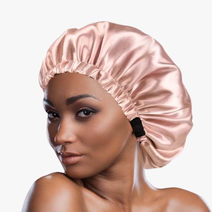 Pink Satin Bonnet with Adjustable Band.