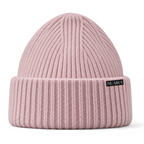 Pink ribbed knit beanie hat with a shiny black pink inner lining, shown on a white background with a pink NUAIRA brand tag in the lower left corner.