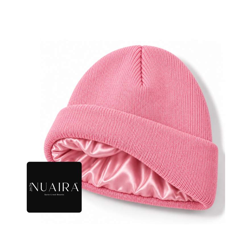 Pink silky satin lined knit beanie for Adults and Kids by NuAira & Co