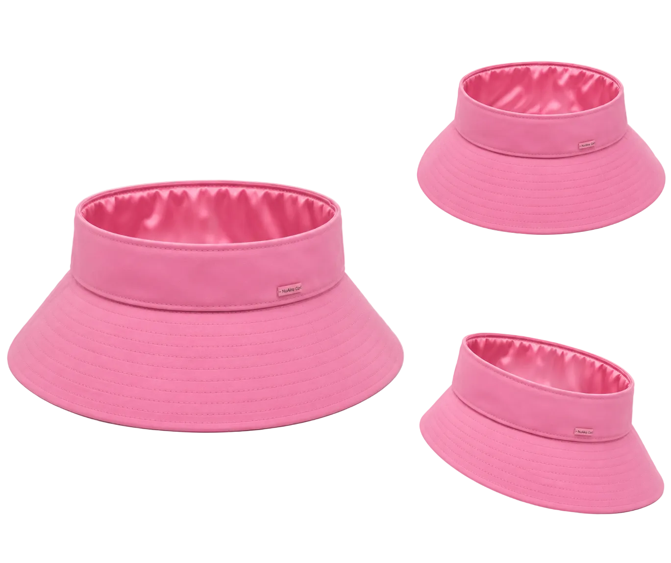 Pink wide-brim satin-lined open top sun visor shown from multiple angles on a clean white background, including a large front view and two smaller angled views.