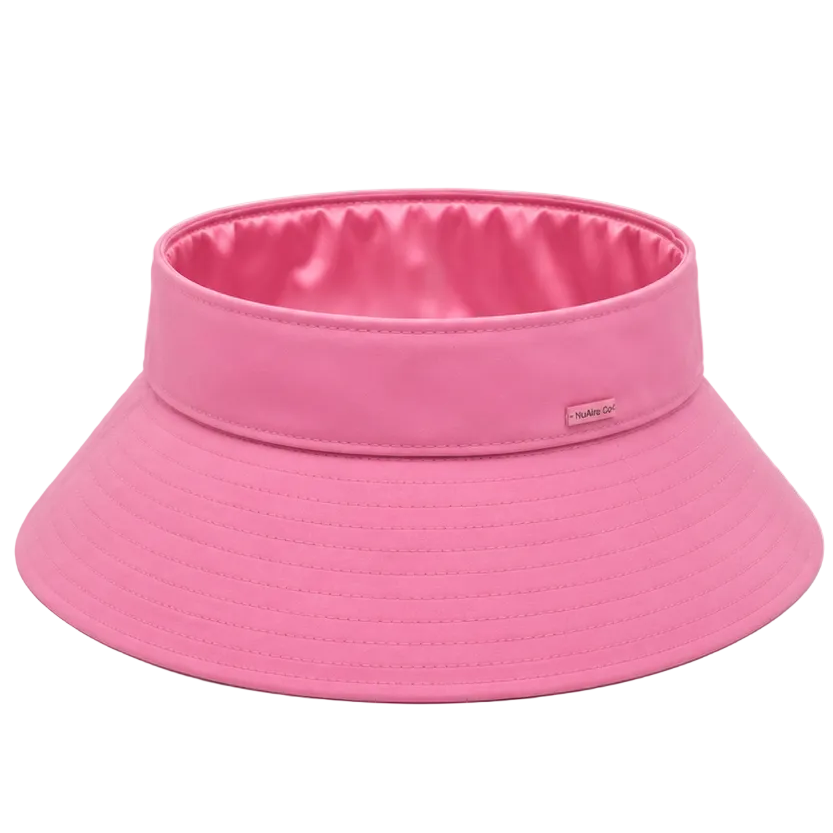 Pink wide brim satin-lined open top sun visor hat for curly hair.