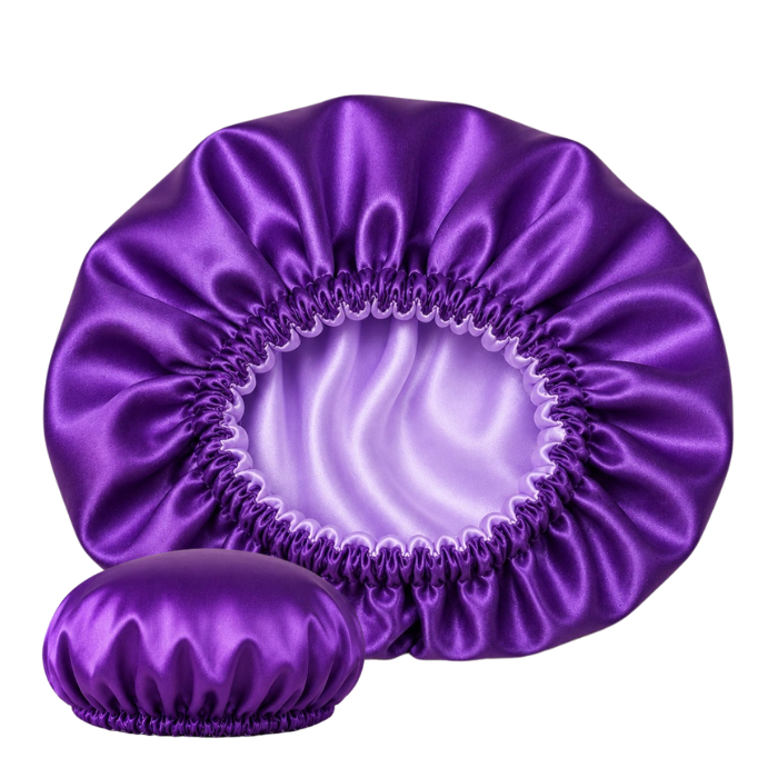 Purple satin bonnet with lilac lining designed for curly hair, braids, locs, and protective styling.