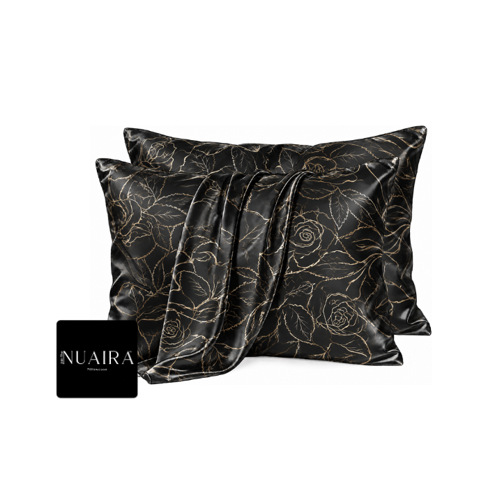 Gold Rose on Black Satin Pillowcase Set. Envelope Closure by NuAira Co