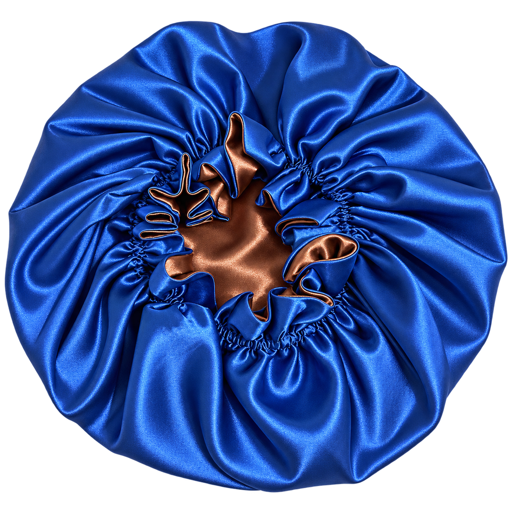 Royal Blue Ruffled Bonnet with Chocolate Brown Lining, NuAira Co