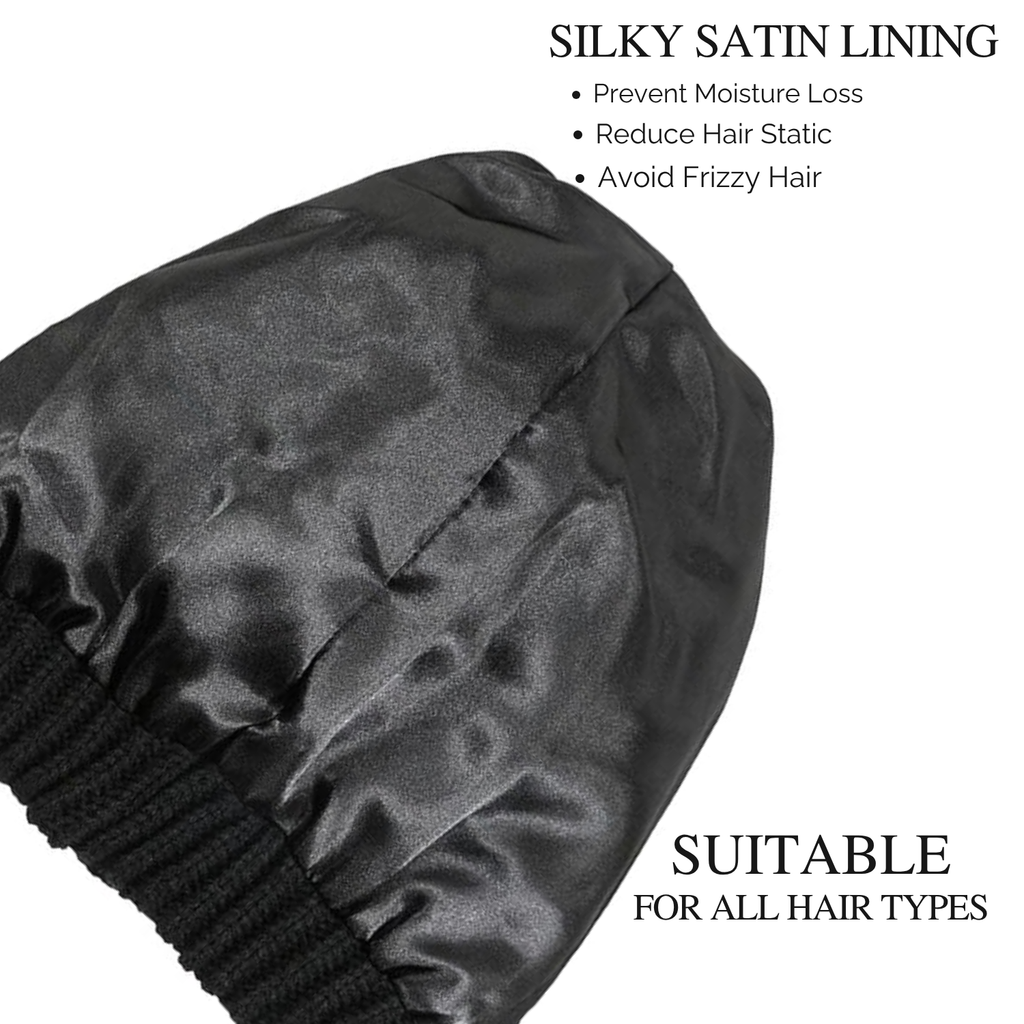 Black Satin Lined Knit Slouch Beanie