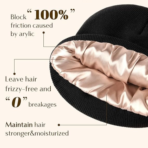 Satin Line Winter Beanie Hat Black Nuaira