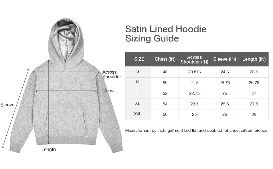 Size Chart for Satin Lined Hoodie. Size Guide