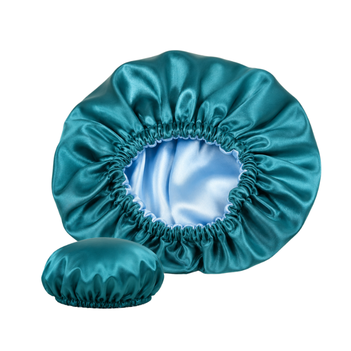 Luxury teal sati hair bonnet with sky blue lining for curly, natural and protective hairstyles.