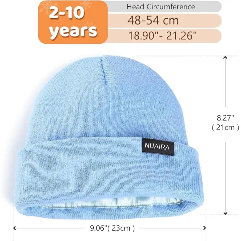 Kids Satin Lined Winter Beanie Hat by NuAira and Co. Soft, warm and comfortable.
