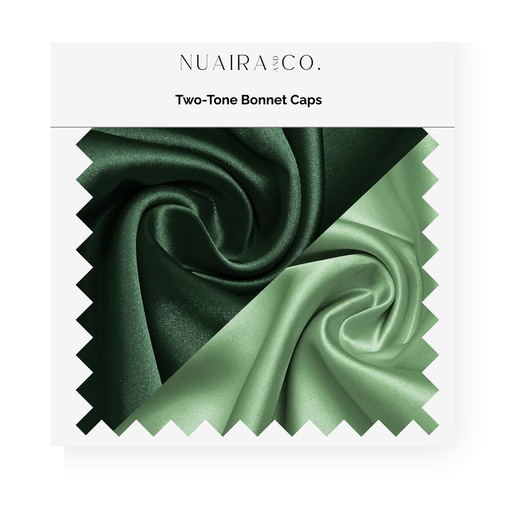 Nuaira Co. Two-Tone Bonnet Caps, Dark Olive and Mint for healthy hair care. Curly, Natural and Loc'd