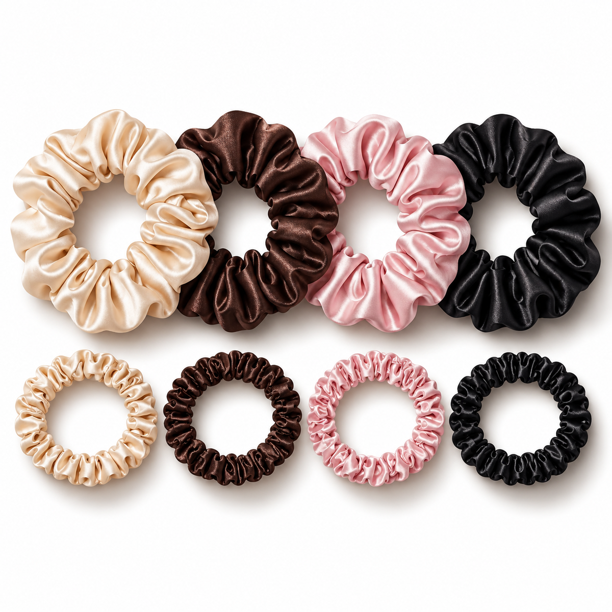 Eight satin hair scrunchies in assorted colors including beige, brown, pink, black, and light pink, arranged in a grid on a plain white background.