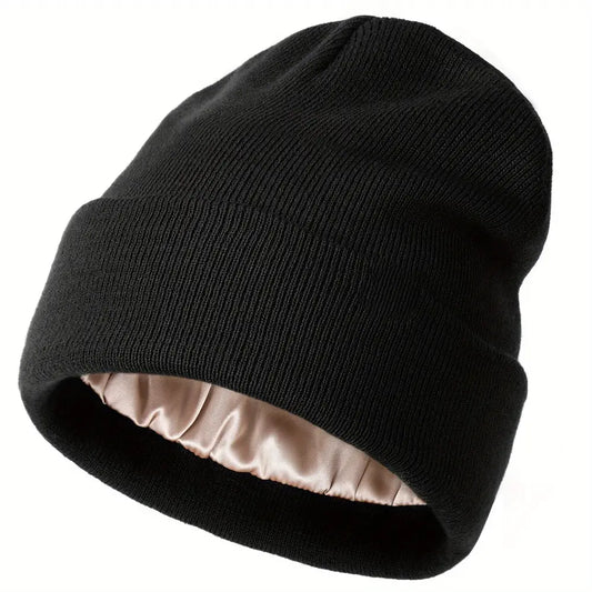 BLACK | Satin-Lined Knit Beanie Hat