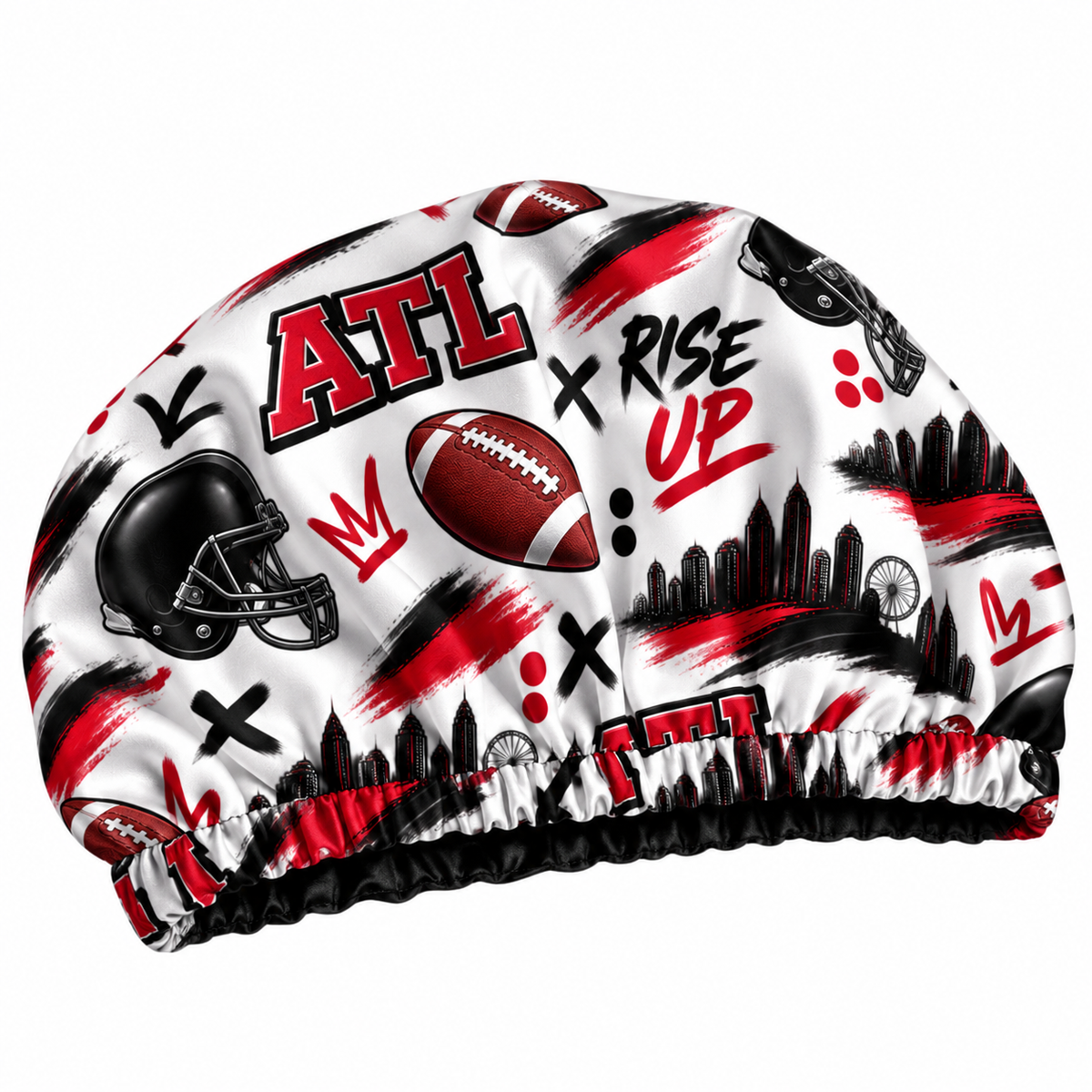 Atlanta Football Satin Bonnet | satin bonnet for natural, curly hair and braids by NuAira - alternate angle - RISE UP text, City of Atlanta