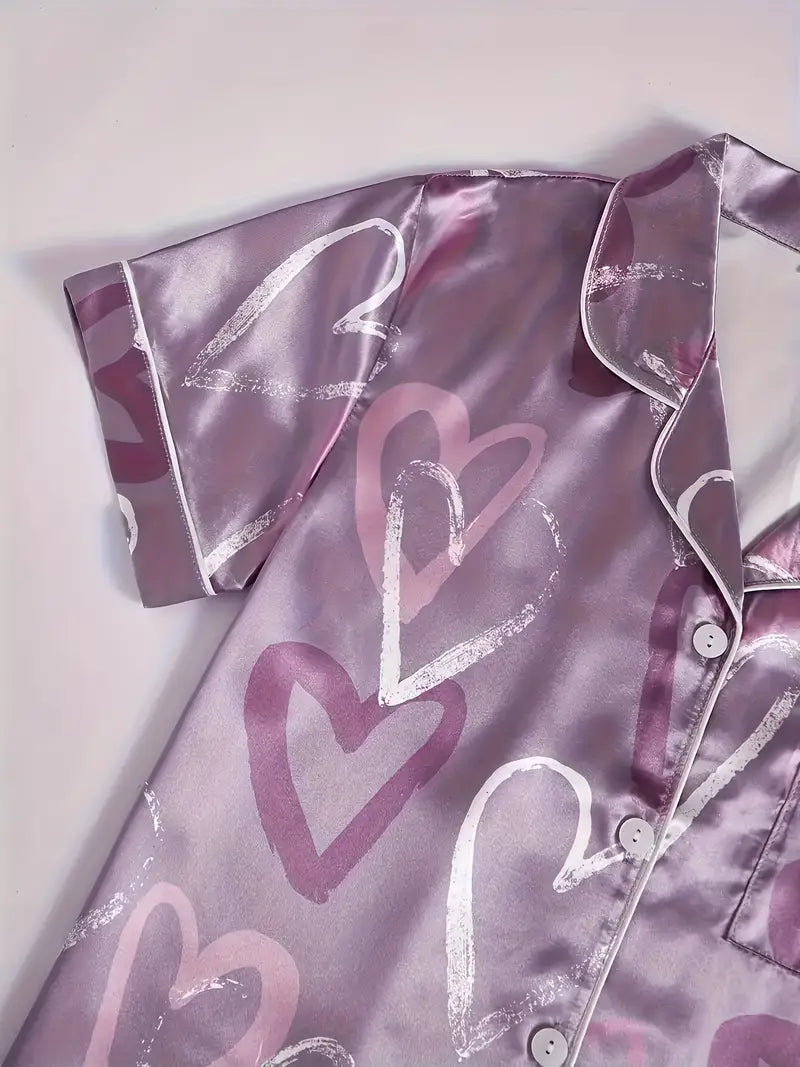 Purple Satin Pajama Shorts Set with Heart Print