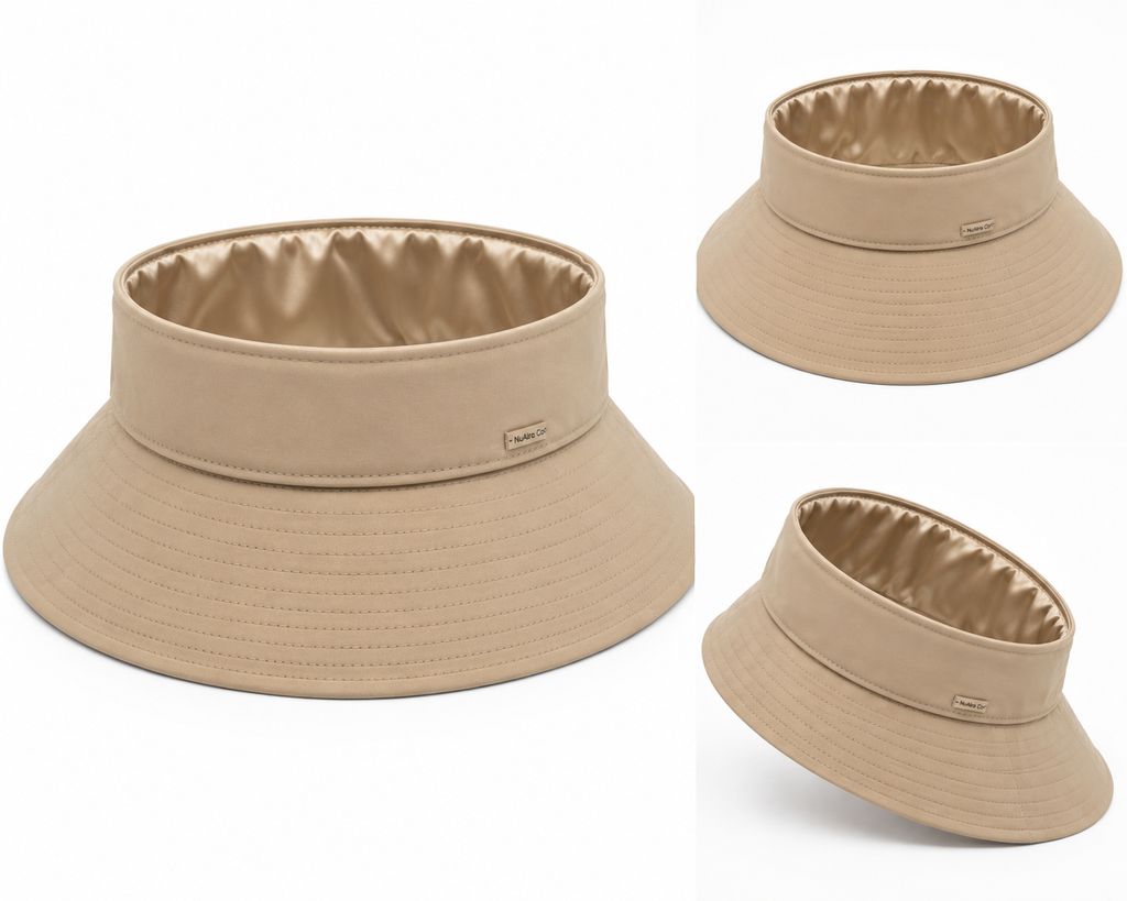 A beige satin-lined open-top wide-brim sun visor hat shown from multiple angles on a clean white background, including a front view, side view, and angled side view.