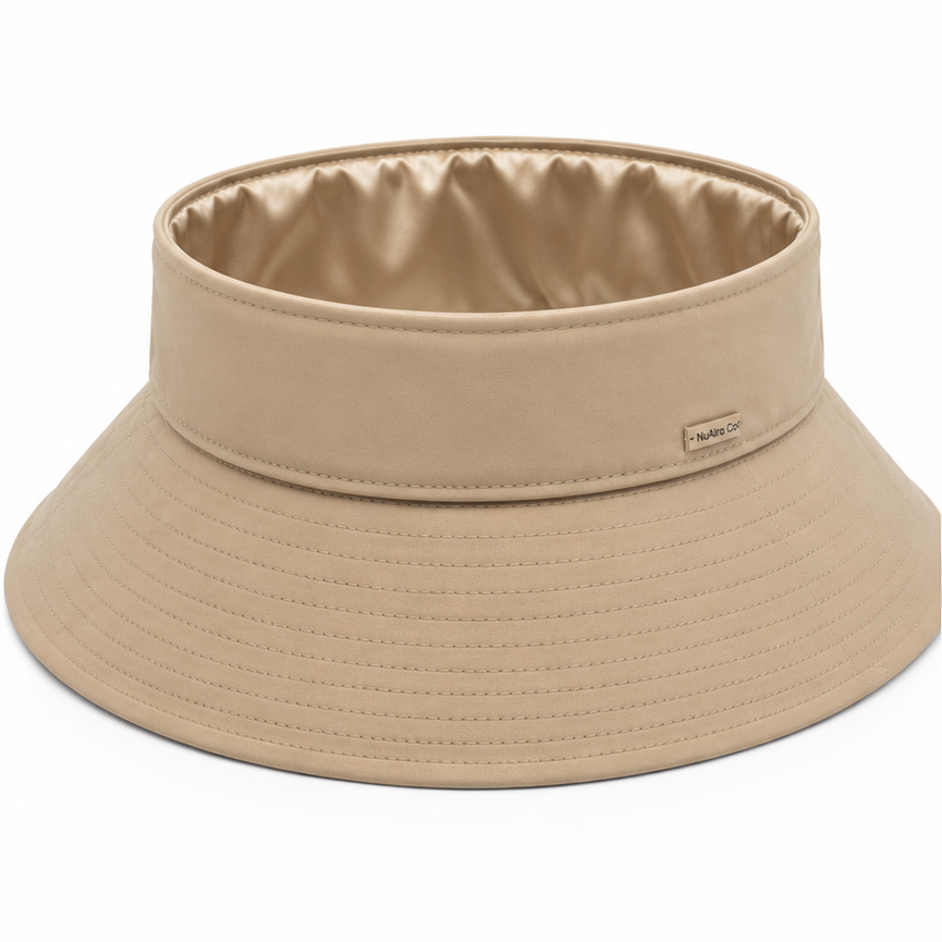 Beige wide brim satin-lined open top sun visor hat for curly hair.