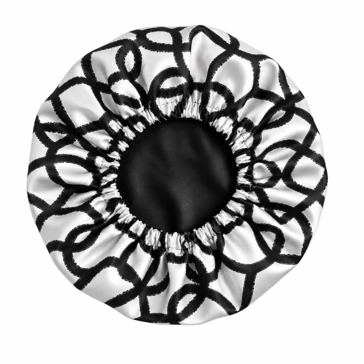 Black Geometric Frenzy Satin Bonnet | satin bonnet for natural, curly hair and braids by NuAira - additional view
