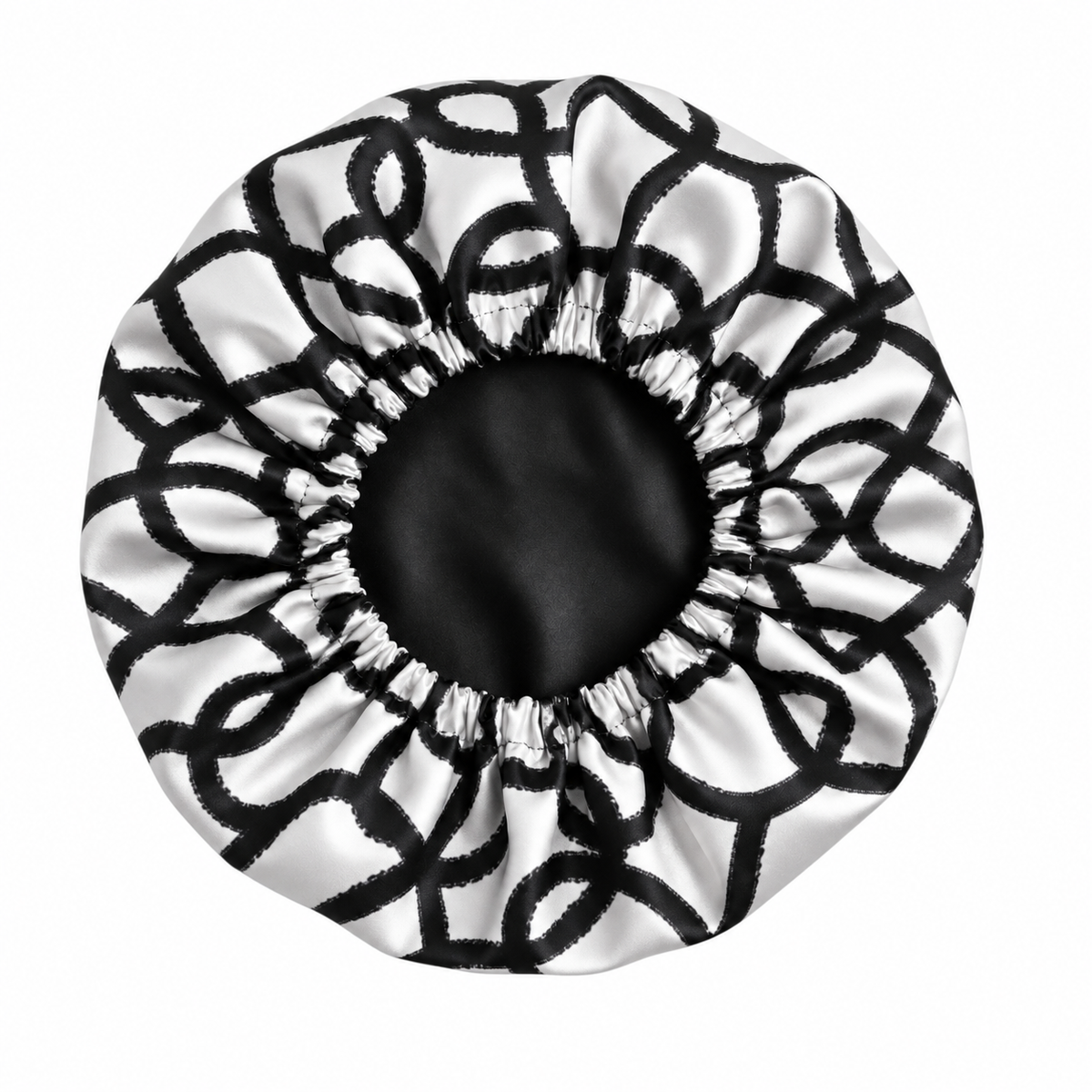 Black Geometric Frenzy Satin Bonnet | satin bonnet for natural, curly hair and braids by NuAira - additional view