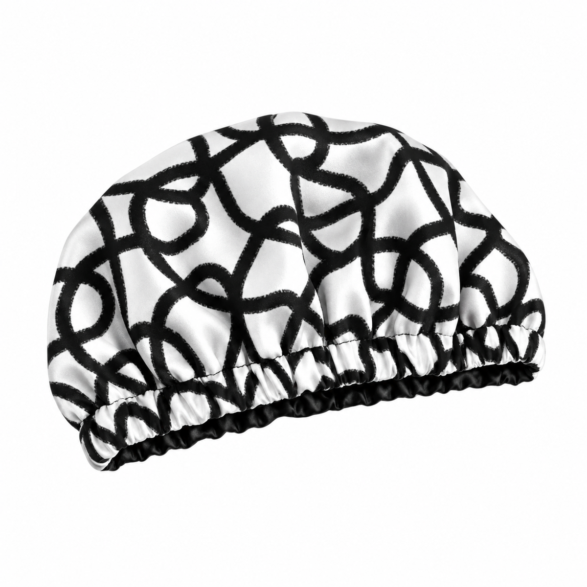 Black Geometric Frenzy Satin Bonnet | satin bonnet for natural, curly hair and braids by NuAira - alternate angle
