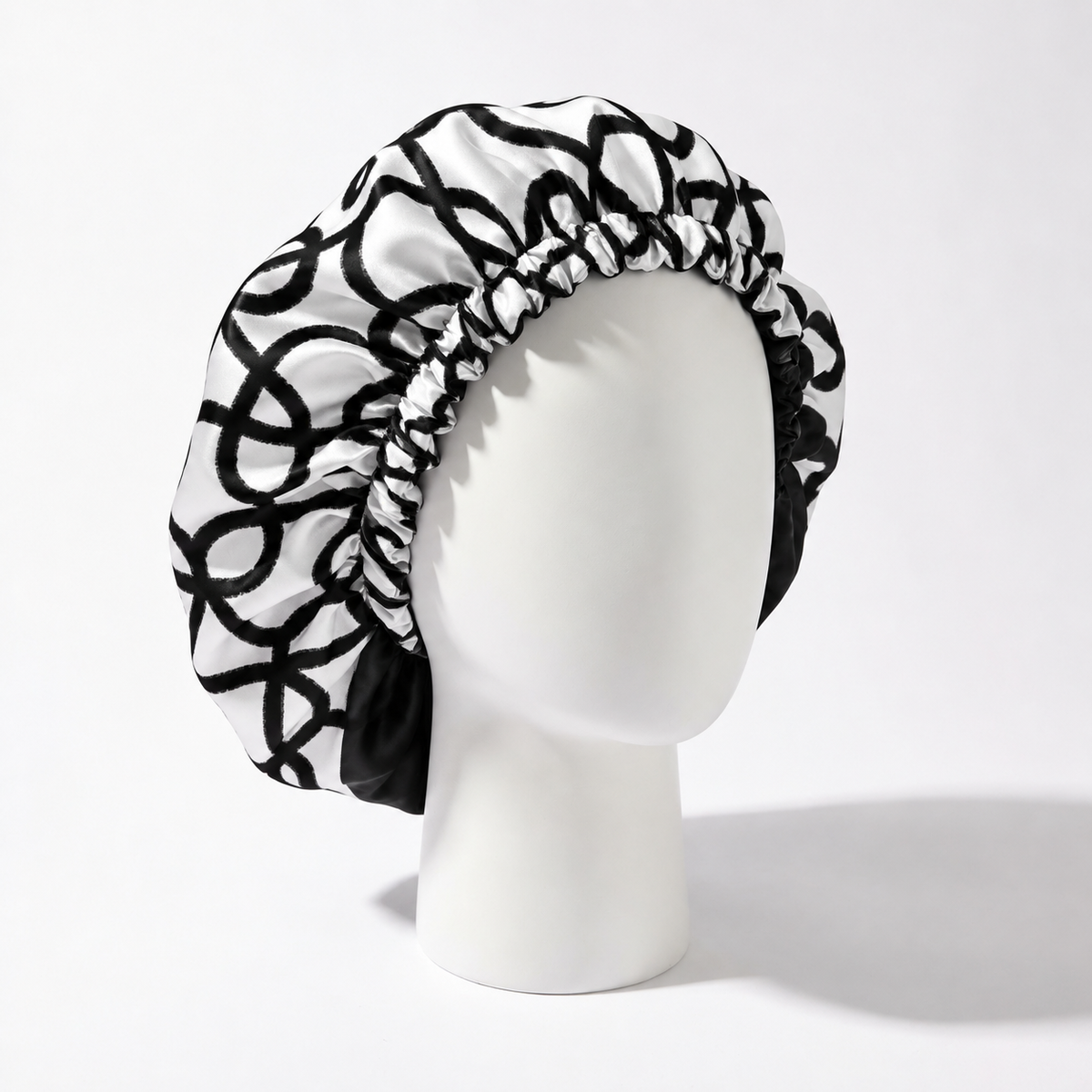 Black Geometric Frenzy Satin Bonnet | satin bonnet for natural, curly hair and braids by NuAira