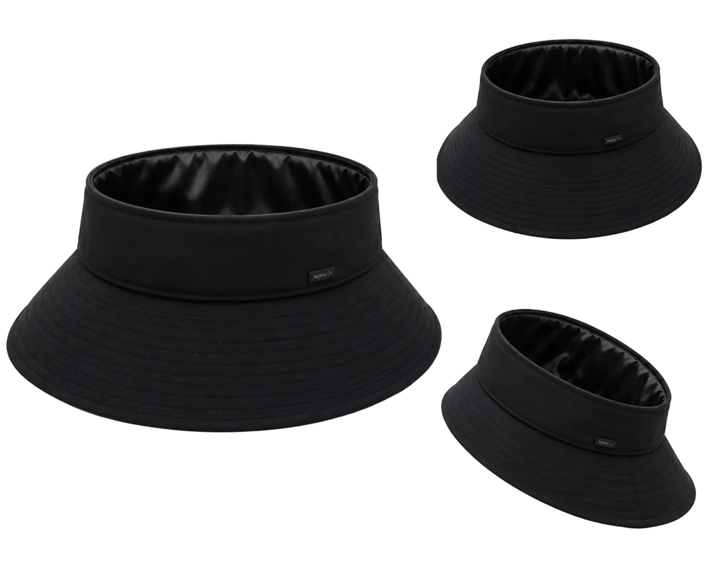Black satin-lined wide-brim open-top sun visor shown from multiple angles on a clean white background.