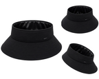 Black satin-lined wide-brim open-top sun visor shown from multiple angles on a clean white background.