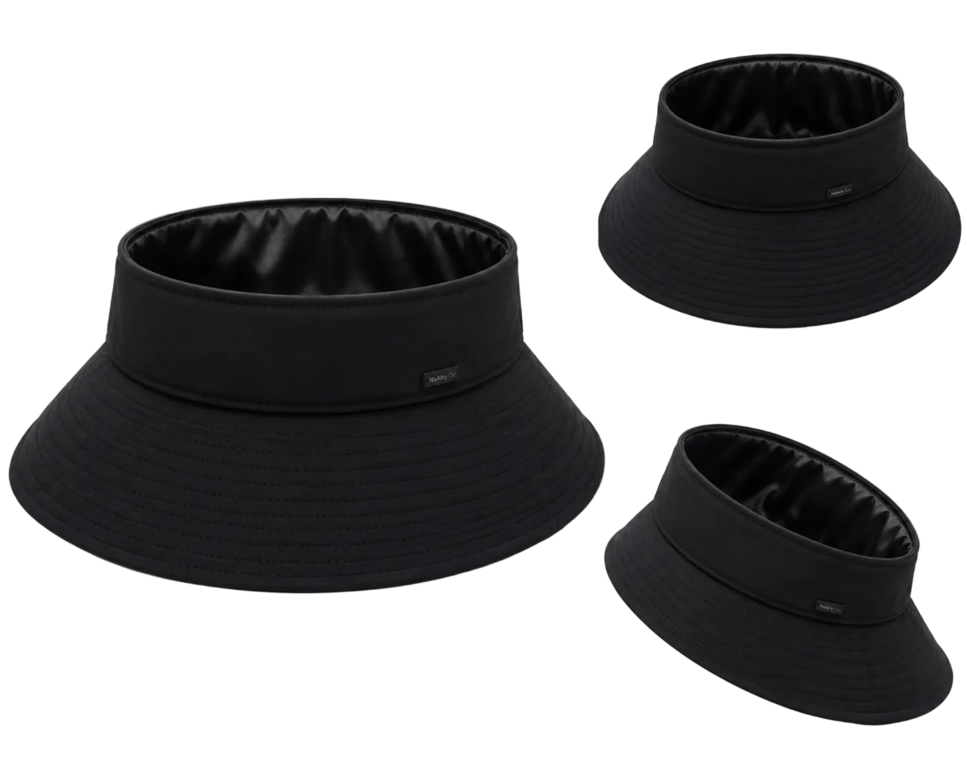 Black satin-lined wide-brim open-top sun visor shown from multiple angles on a clean white background.