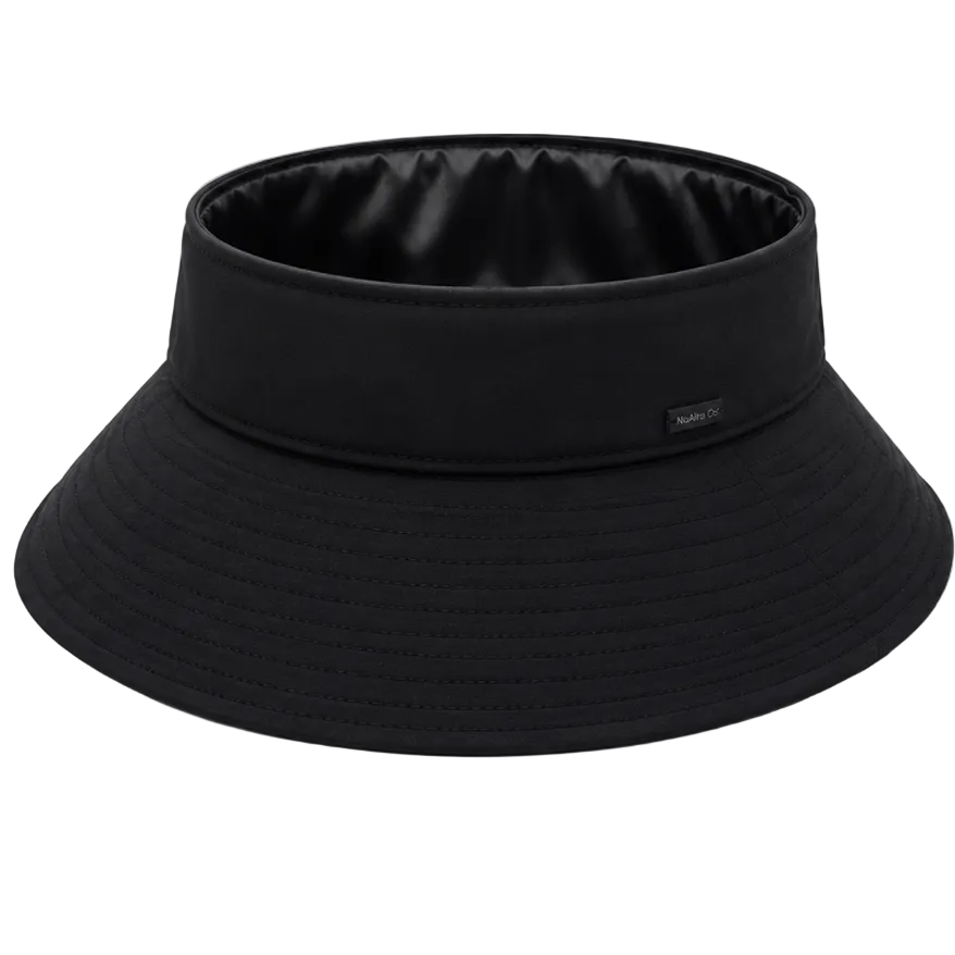 Black wide brim satin-lined open top sun visor hat for curly hair.