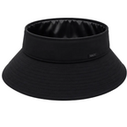 Black wide brim satin-lined open top sun visor hat for curly hair.