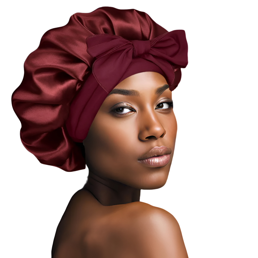 NuAira Burgundy Double Layer Satin Tie Band Hair Bonnet