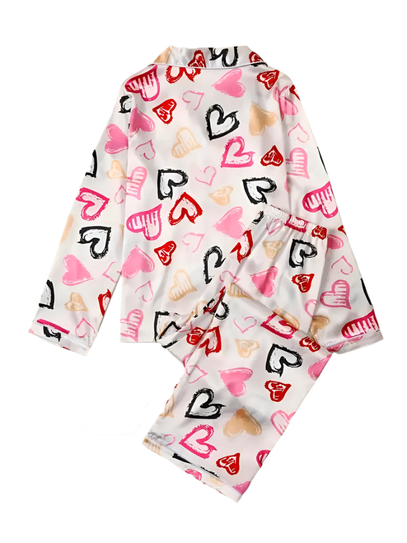 Multi-Color Heart Print Satin Pajama Set