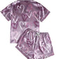 Purple Satin Pajama Shorts Set with Heart Print