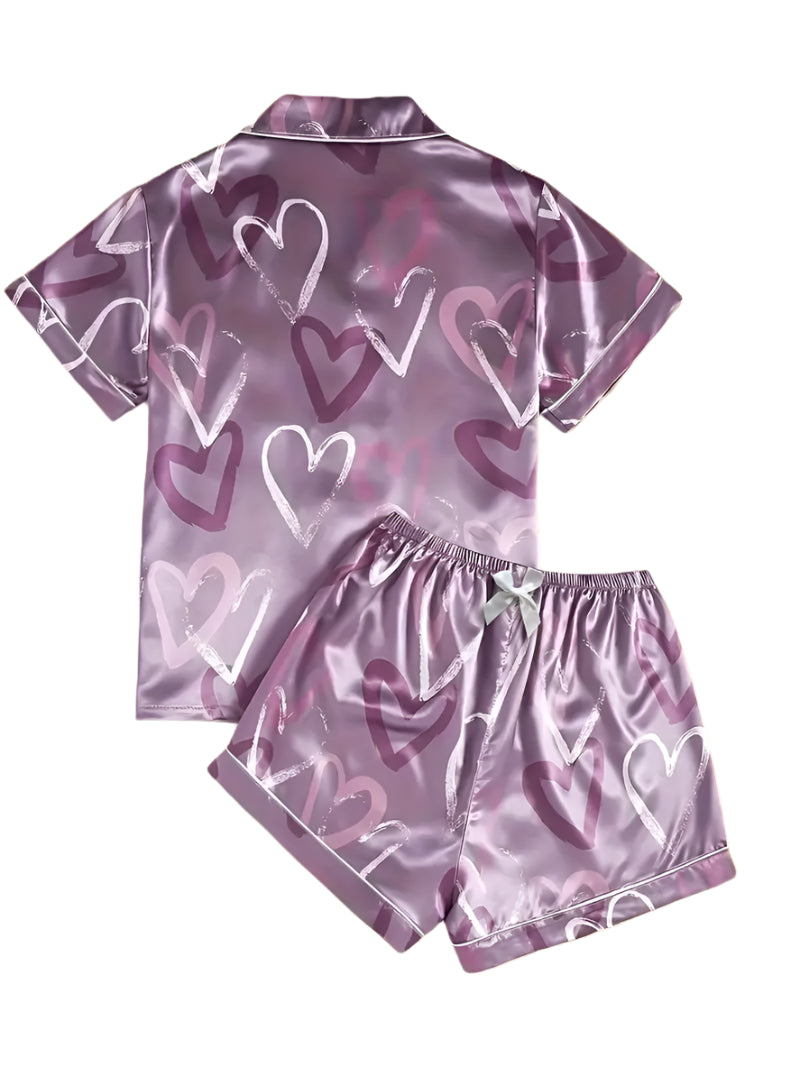 Purple Satin Pajama Shorts Set with Heart Print