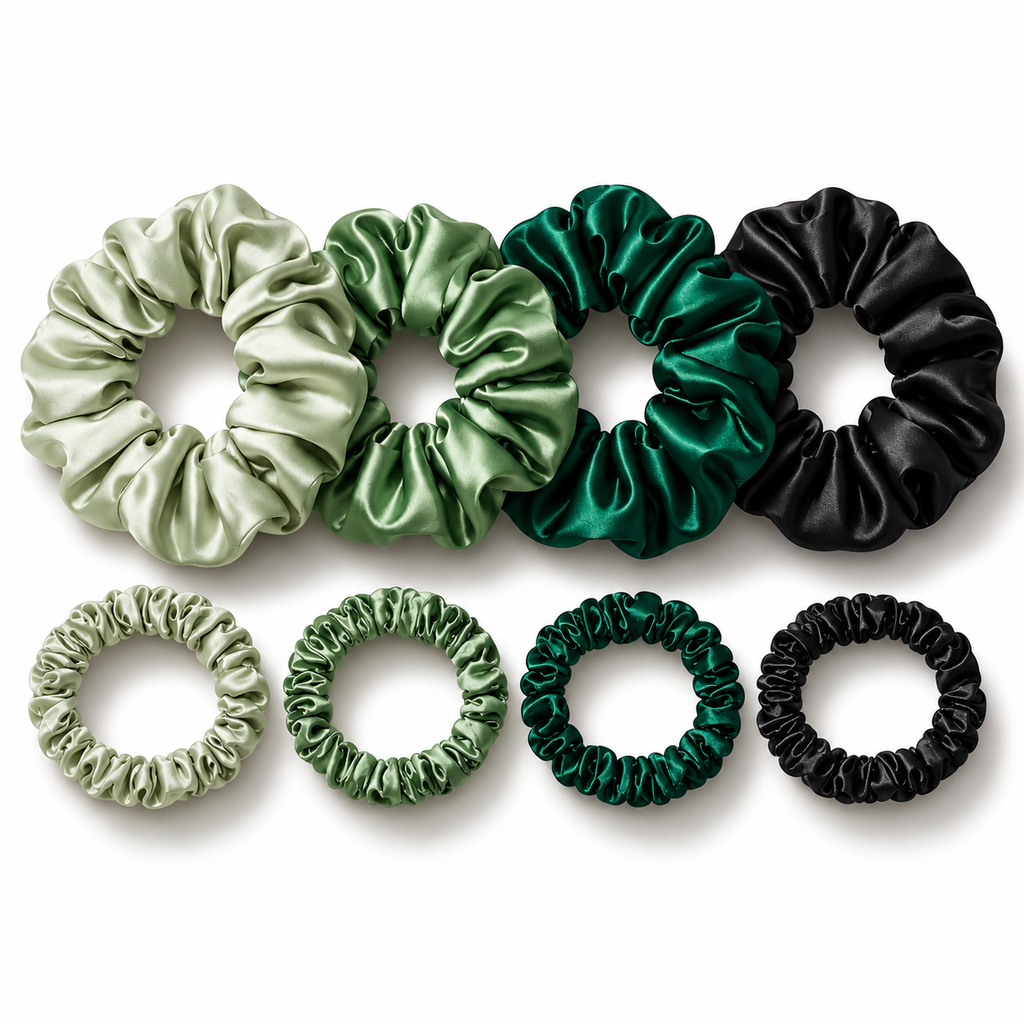 Green and black satin scrunchies hair tie set in large and slim sizes