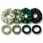 Green and black satin scrunchies hair tie set in large and slim sizes