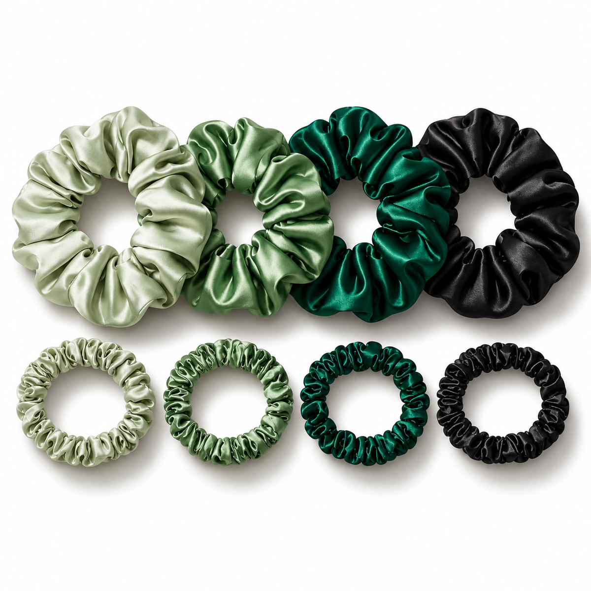 Green and black satin scrunchies hair tie set in large and slim sizes
