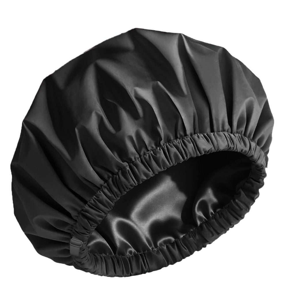 Black Satin Lined Shower Cap with Adjustable Band