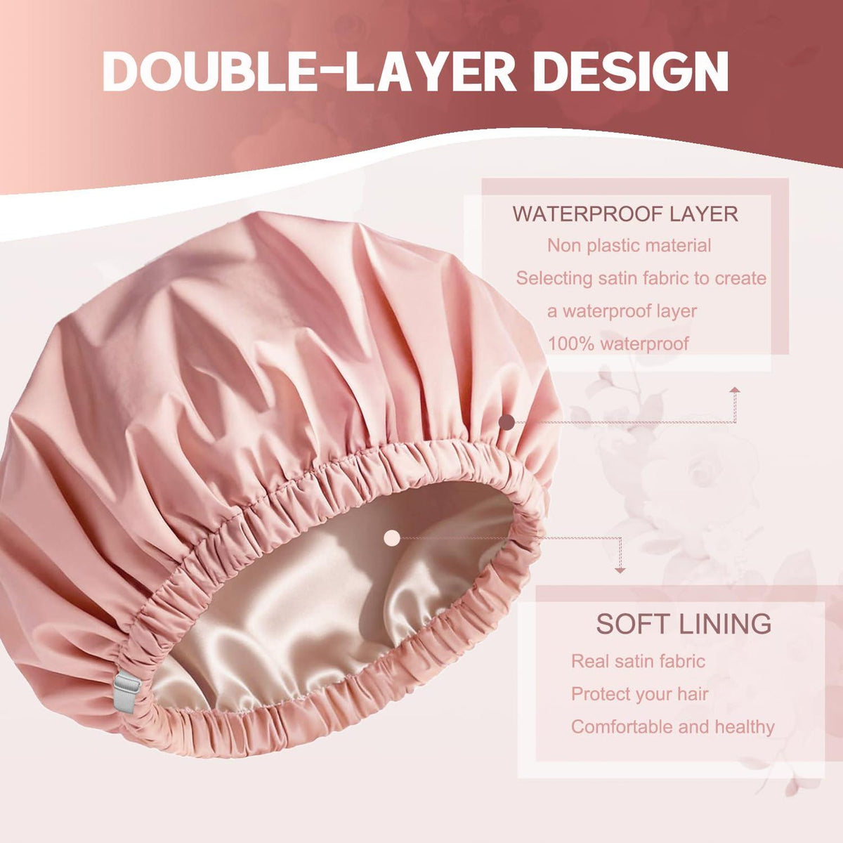Pink Satin Lined Shower Cap with Adjustable Band