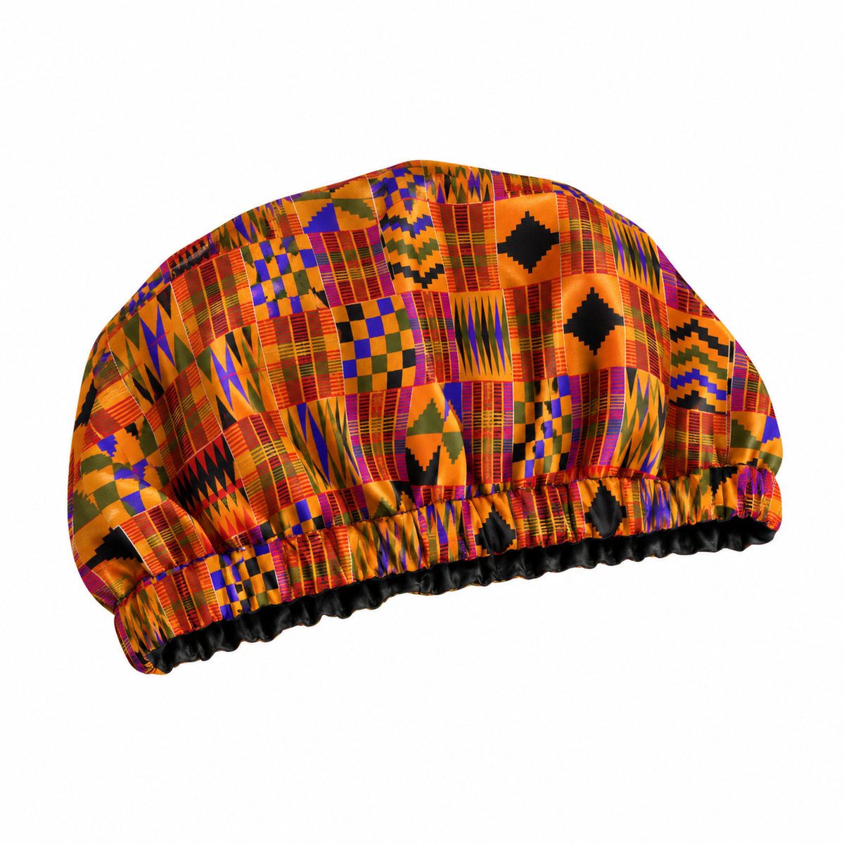 Kente Cloth Satin Bonnet | satin bonnet for natural, curly hair and braids by NuAira - alternate angle