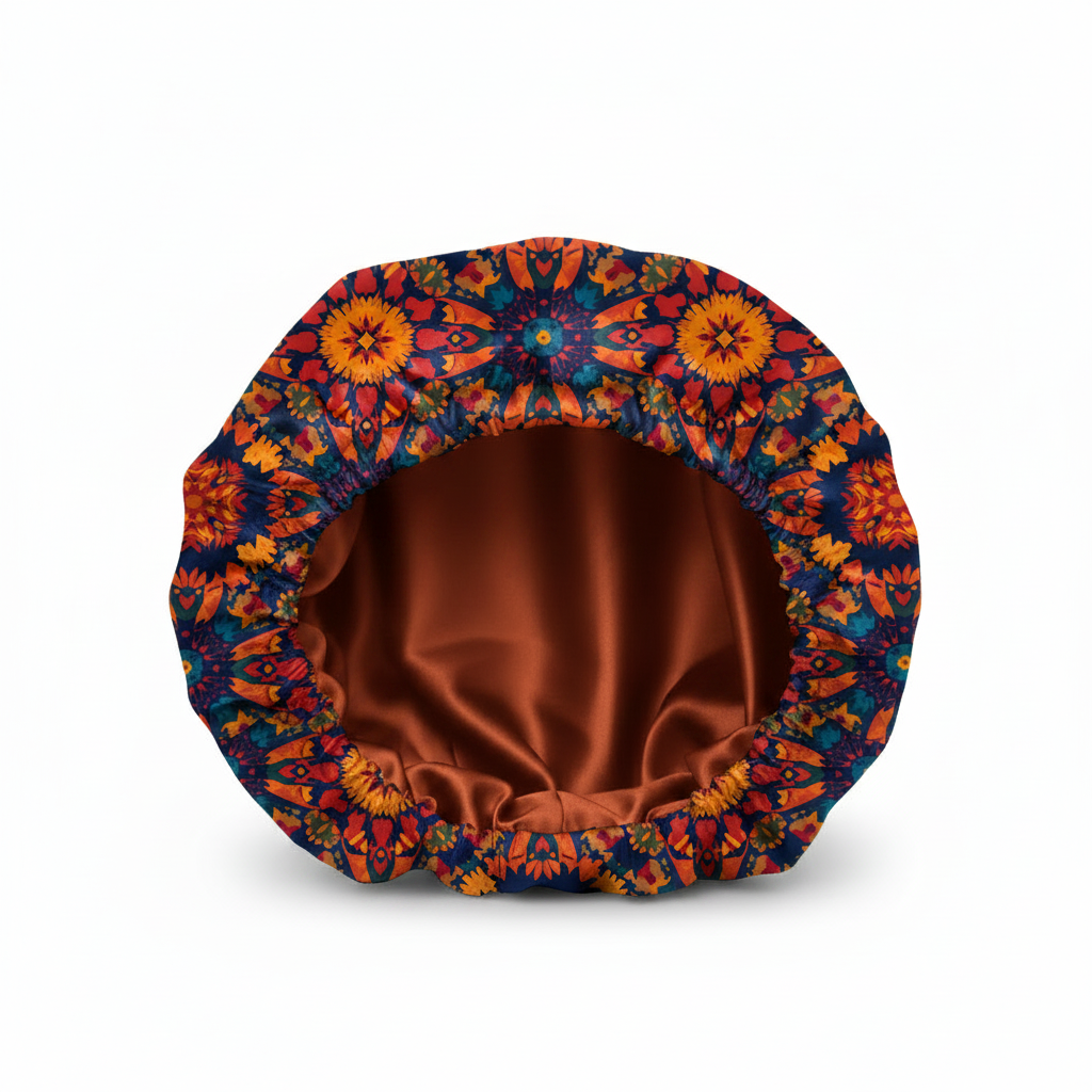 NuAira Array of Orange satin fabric swatch – bold orange navy kaleidoscopic mandala print for hair bonnet