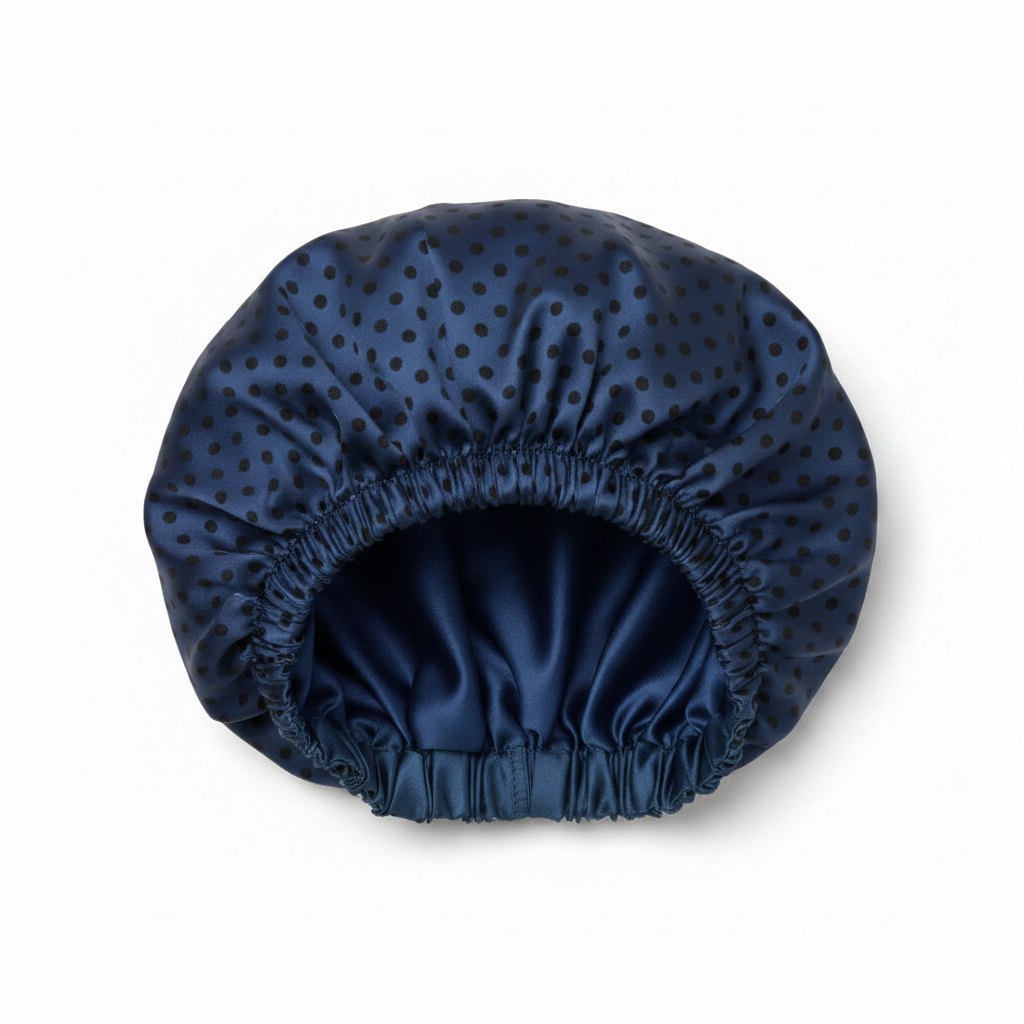 NuAira black polka dot navy double-layer satin bonnet with solid navy lining – protective hair bonnet for braids and locs