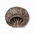 NuAira black polka dot taupe double-layer satin bonnet with solid taupe lining – protective hair bonnet