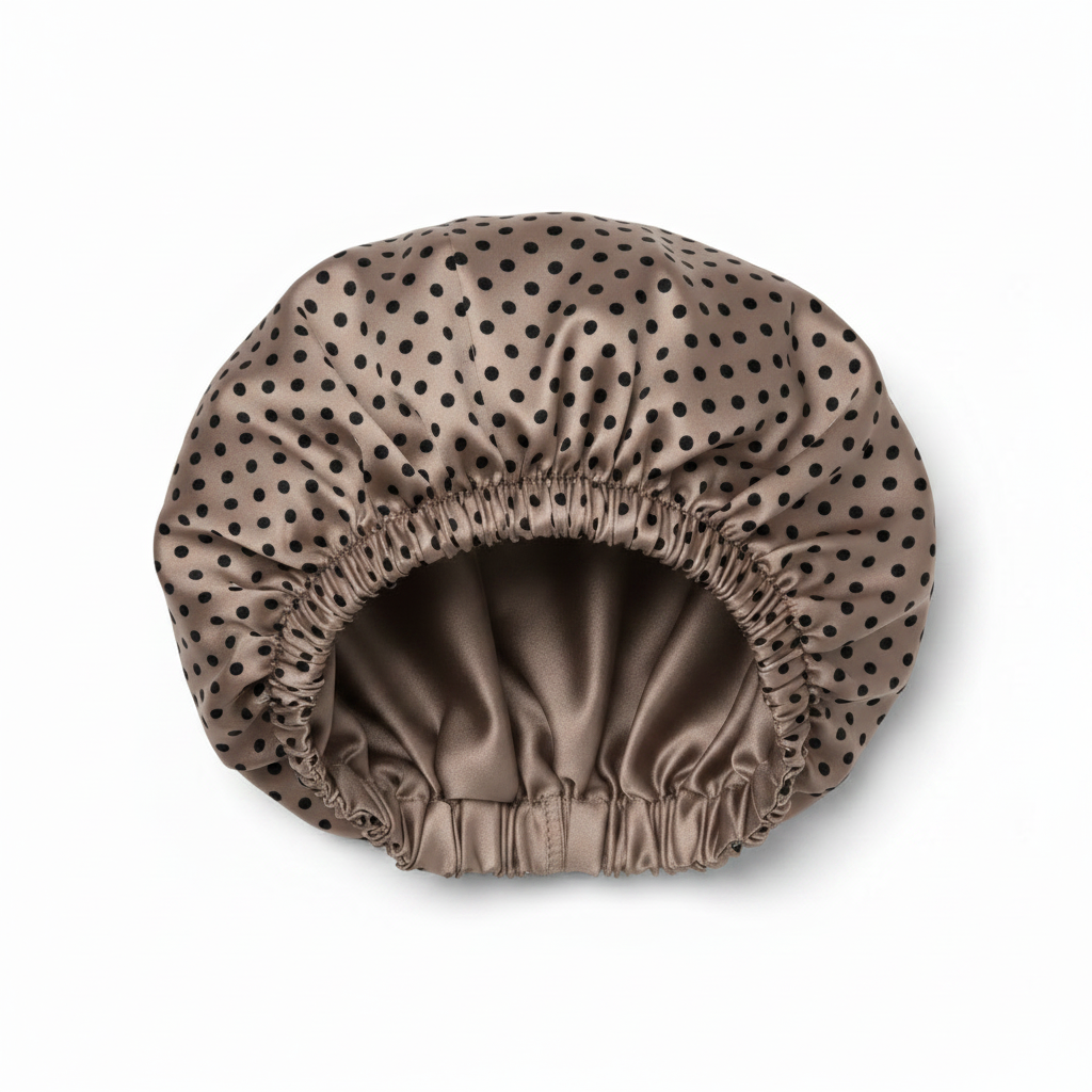 NuAira black polka dot taupe double-layer satin bonnet with solid taupe lining – protective hair bonnet