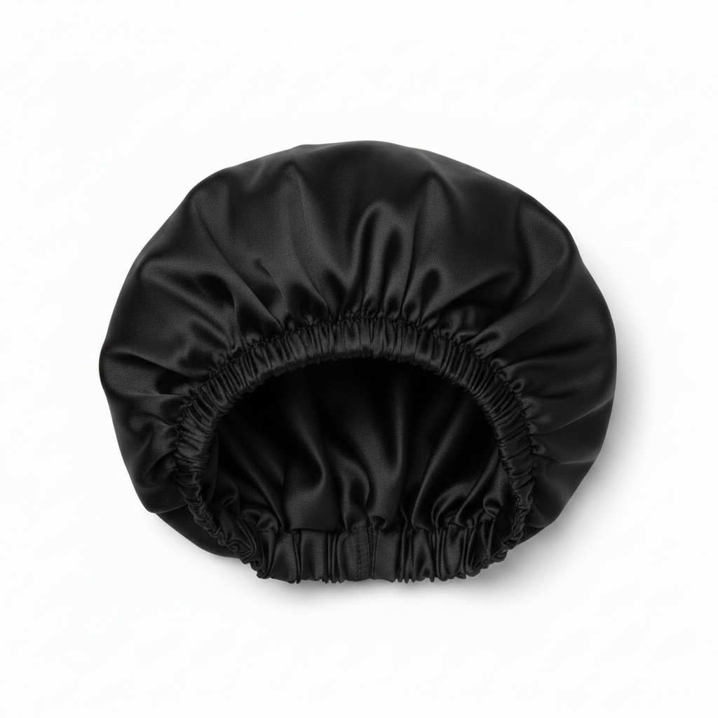 NuAira solid black double-layer satin bonnet with black lining – protective hair bonnet for natural hair and locs