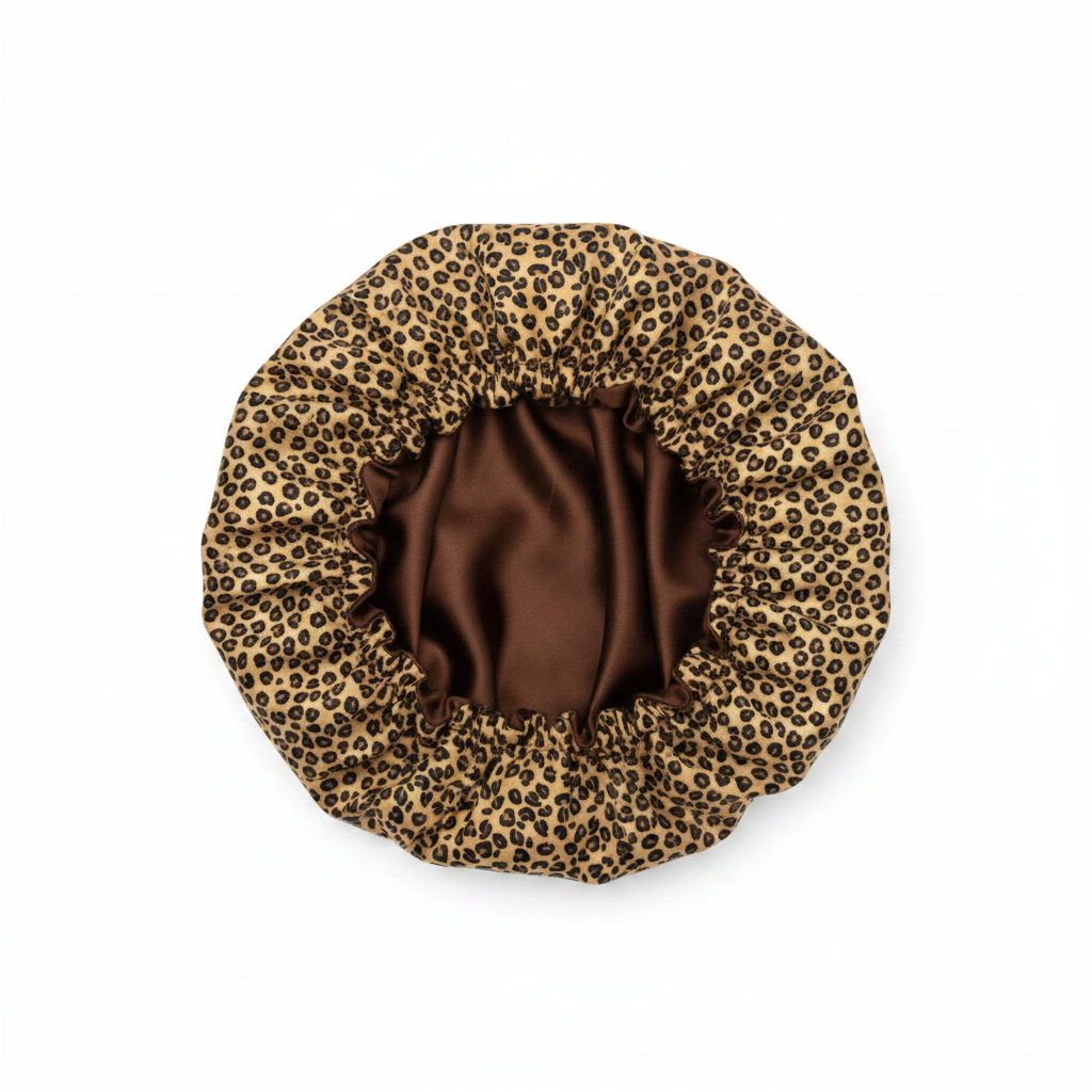 NuAira brown leopard print double-layer satin bonnet – protective satin hair bonnet for curly and natural hair
