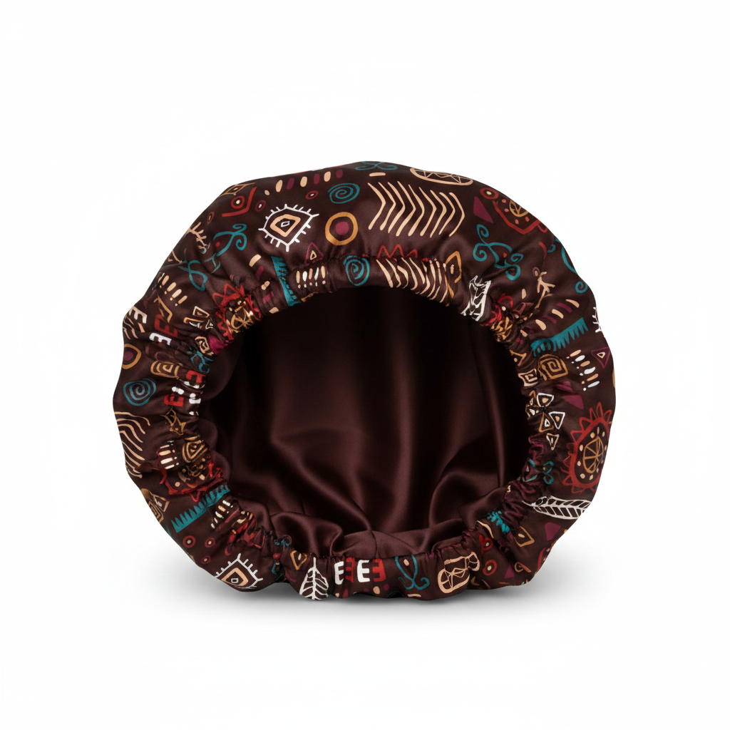 NuAira Enola tribal satin fabric swatch – dark brown African symbol print for cultural hair bonnet