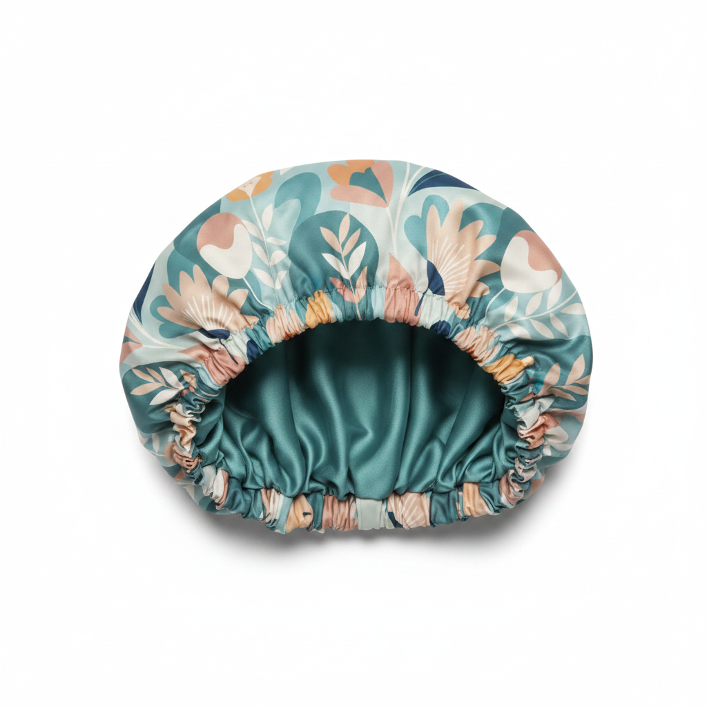 NuAira Floral Pastel satin fabric swatch – soft teal blush and cream botanical print for hair bonnet
