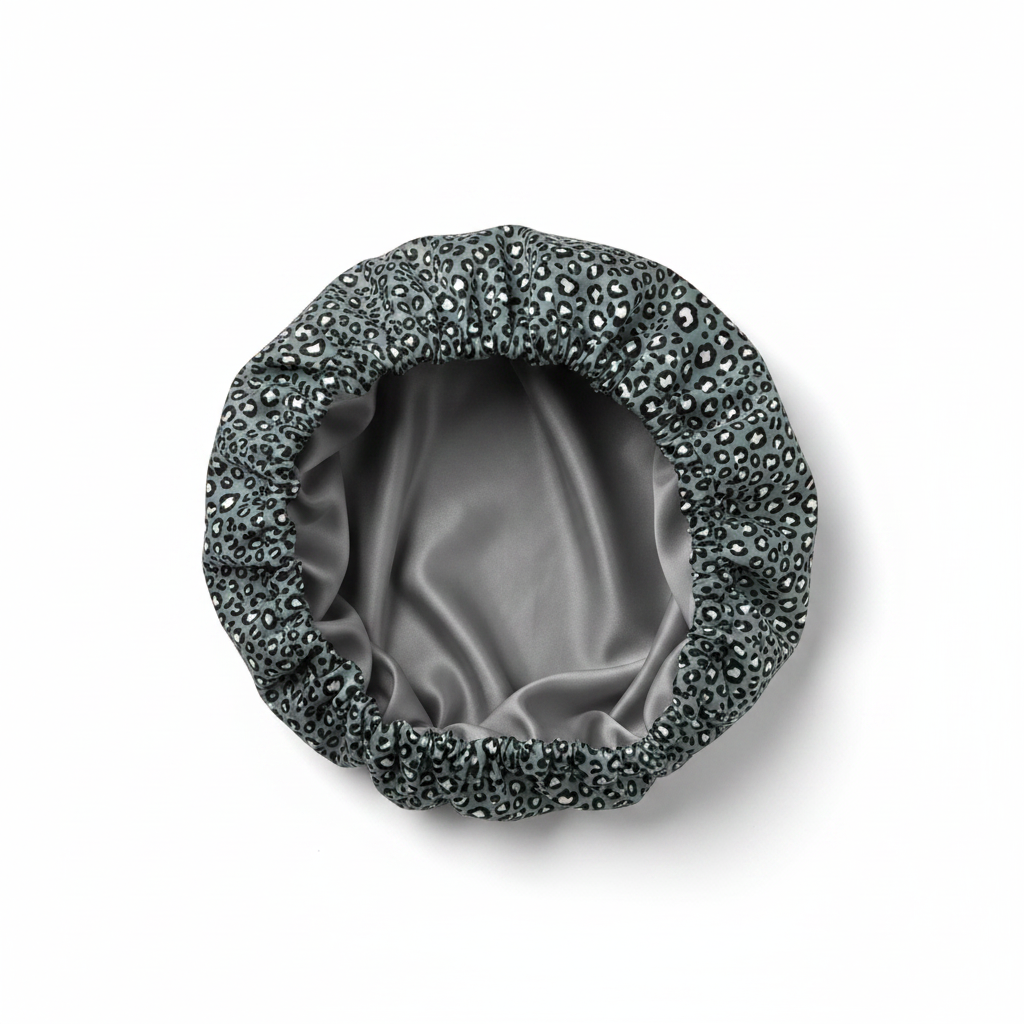NuAira grey leopard print double-layer satin bonnet – protective hair bonnet for locs, braids and natural hair