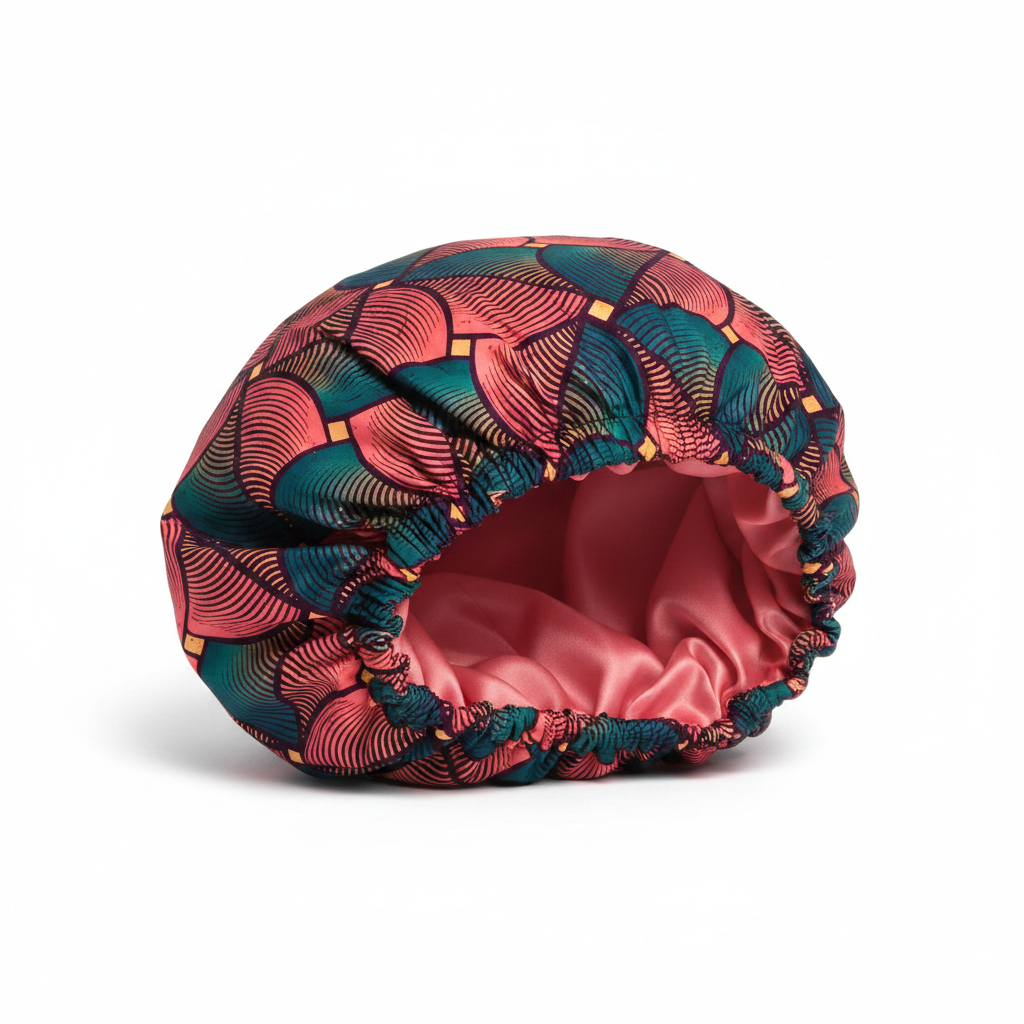 NuAira Nubian Bloom satin fabric swatch – coral and teal Ankara geometric print for hair bonnet