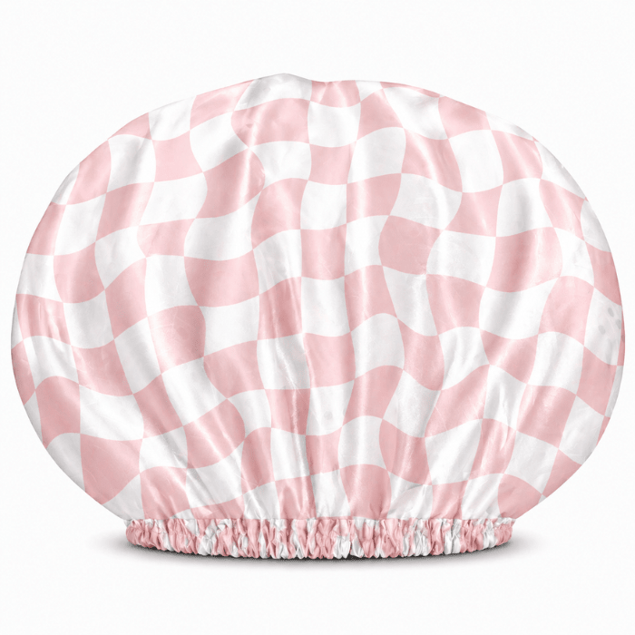 NuAira pink abstract checker satin bonnet – double-layer hair bonnet for curly hair, braids and locs